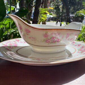 Antique Coronet Limoges Gravy Boat & Underplate, Pink Rose Design, Gilded Rim